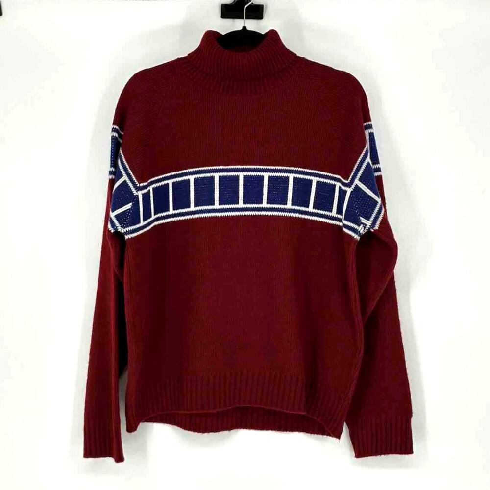 70s Yamaha Motocross Burgundy Turtleneck Sweater with Chain Block Graphic - XL